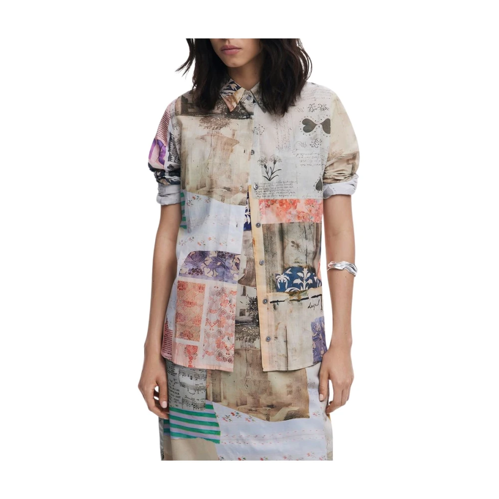 Desigual Women's Multicolor Shirts, M, Printed Beige Cotton Shirt With Italian Collar