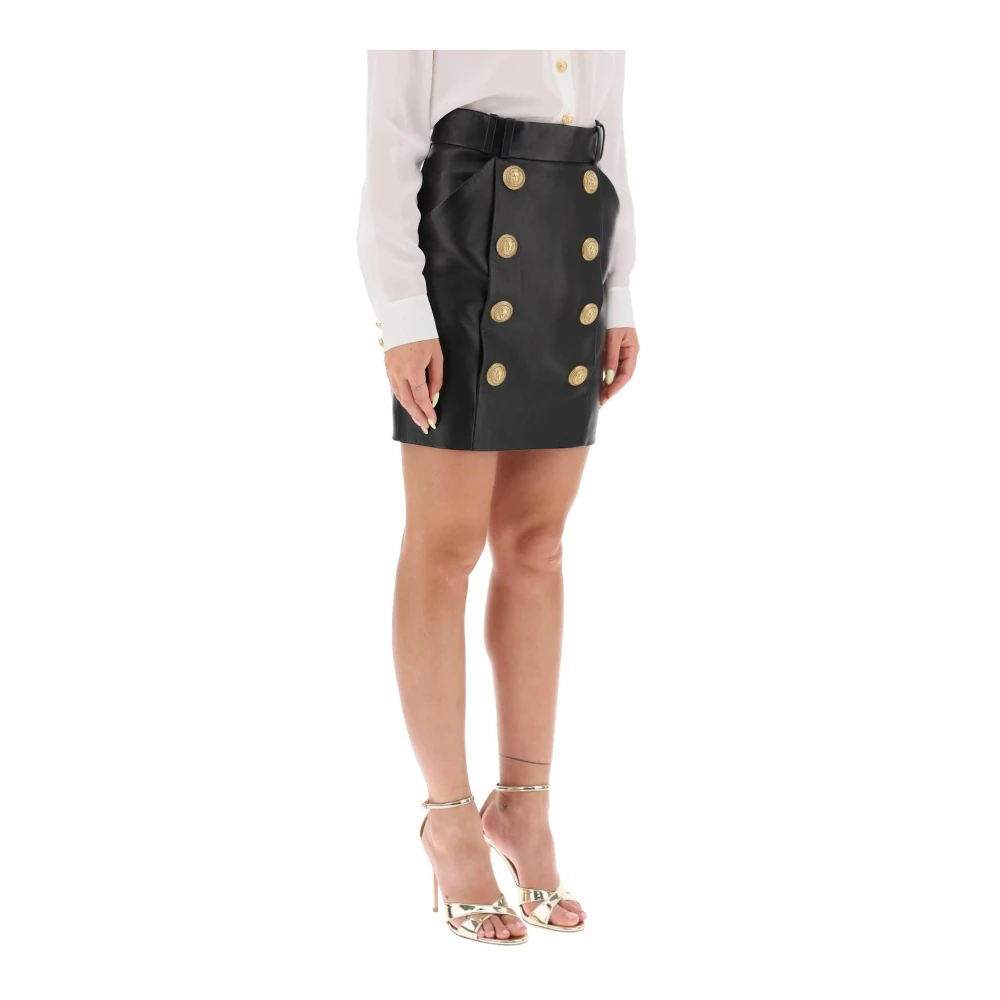 Balmain Leren Mini Rok met Sierknopen Black Dames