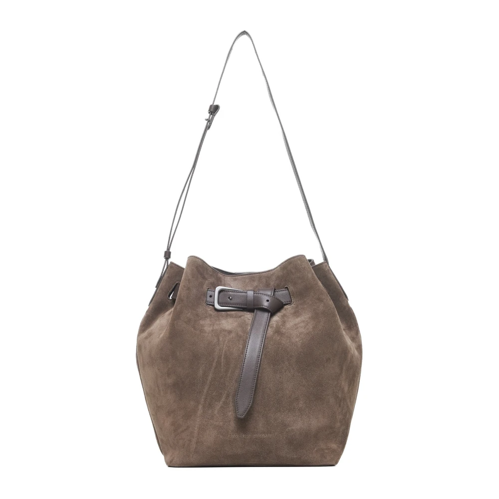 BRUNELLO CUCINELLI Bruin Suède Schoudertas met Verstelbare Band Brown Dames
