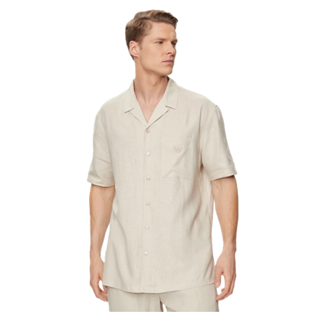 Emporio Armani Mannelijk Beige Overhemden Heren, M, Linnen, Kort Mouw Linnenmix Overhemd