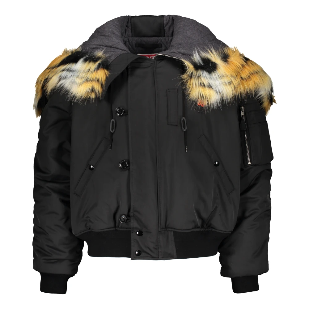 Kenzo Gewatteerde Hooded Bomberjack met nepbont Black Heren