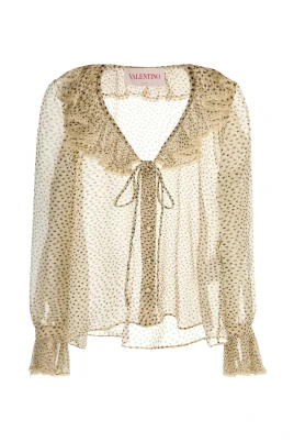 Polka Dot Ruffle Neck Tie Blouse