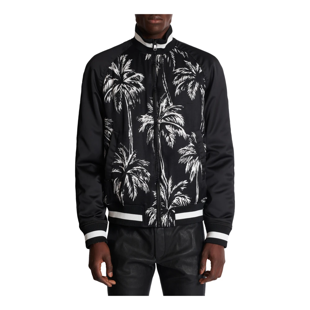 Balmain Bomberjack van satijn met palmbomenprint Black Heren