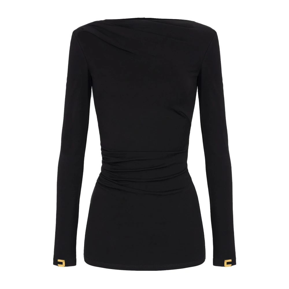 Elisabetta Franchi Zwarte Gedrapeerde Jersey Sweater met Metalen Logo Black Dames