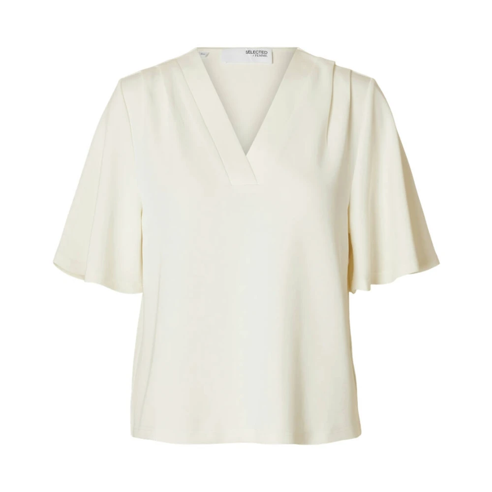 Selected Femme Korte Mouw V-hals Blouse Top Beige Dames