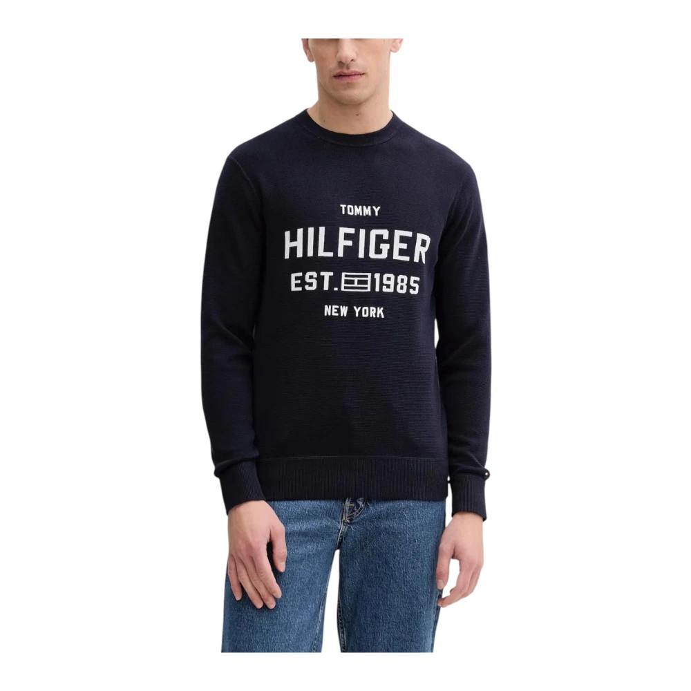 Tommy Hilfiger Men's Blue Printed Cotton Knitwear With Long Sleeves - Round-Neck Knitwear - Xl- Knitwear