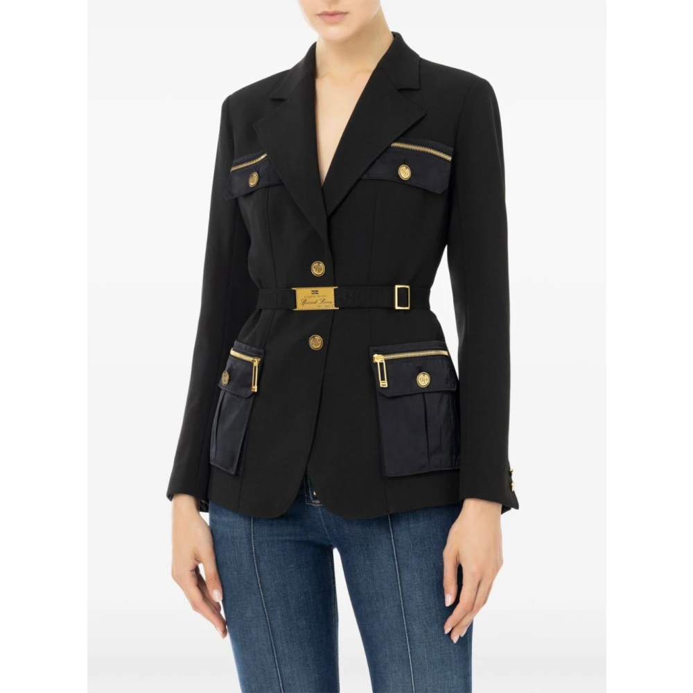 Elisabetta Franchi Zwarte Stretch Crêpe Jas met Ritszakken Black Dames