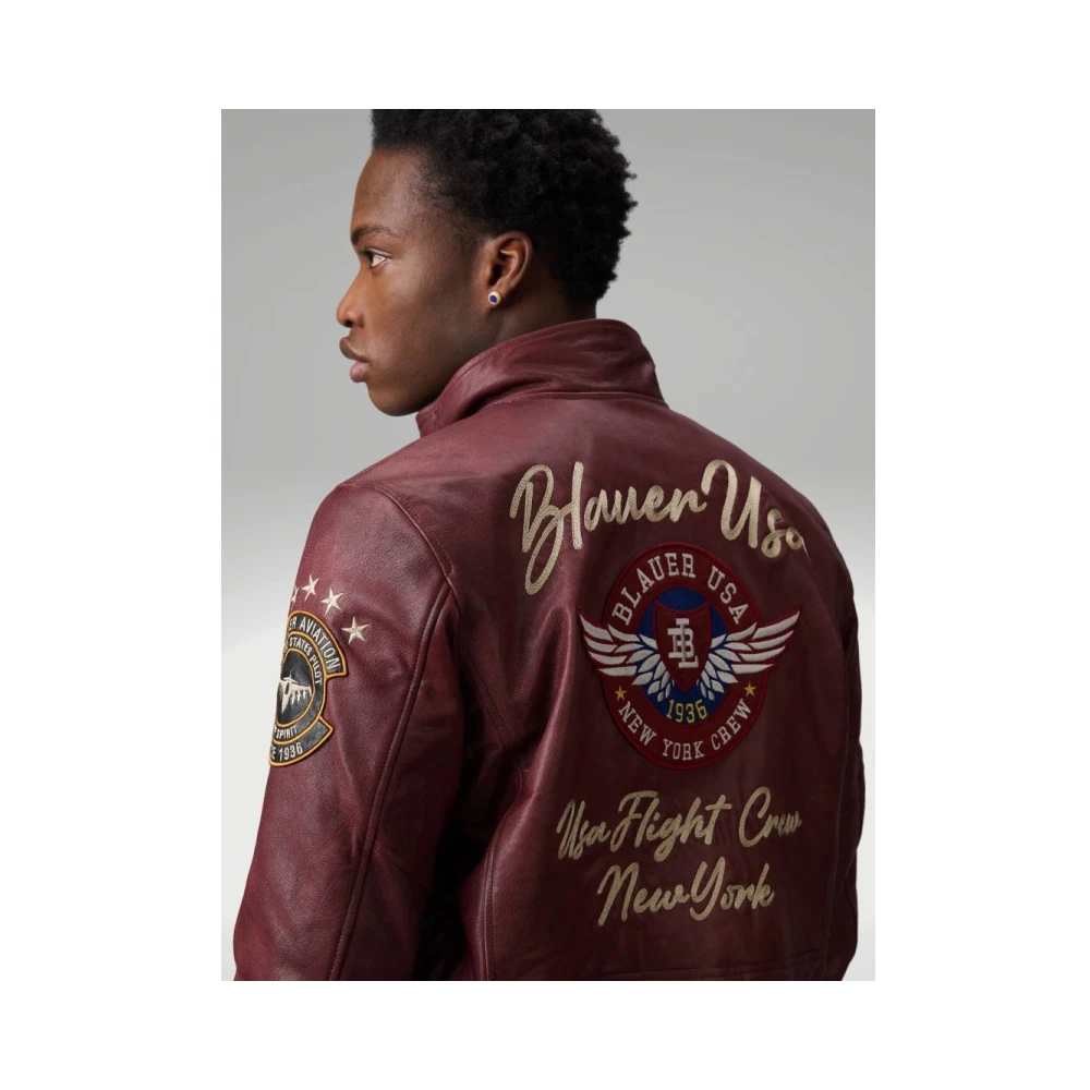 Blauer Leren Bomberjack Red Heren