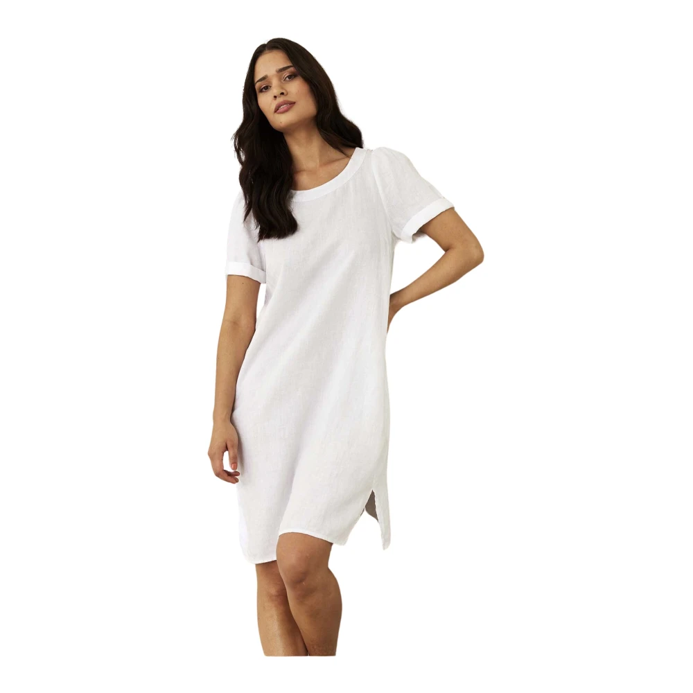 IN Front Eenvoudige Witte Linnen Jurk met Korte Mouwen White Dames