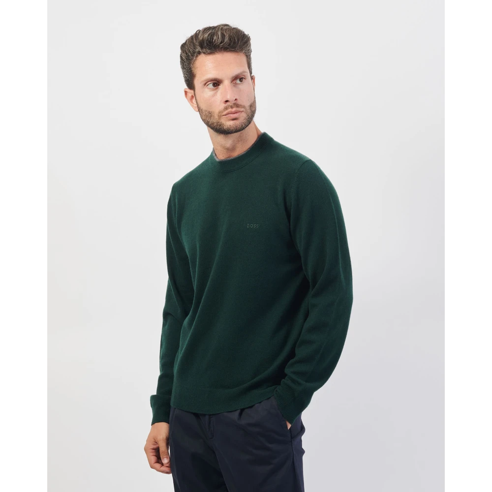Hugo Boss Groene wollen trui met geribbelde zoom Green Heren