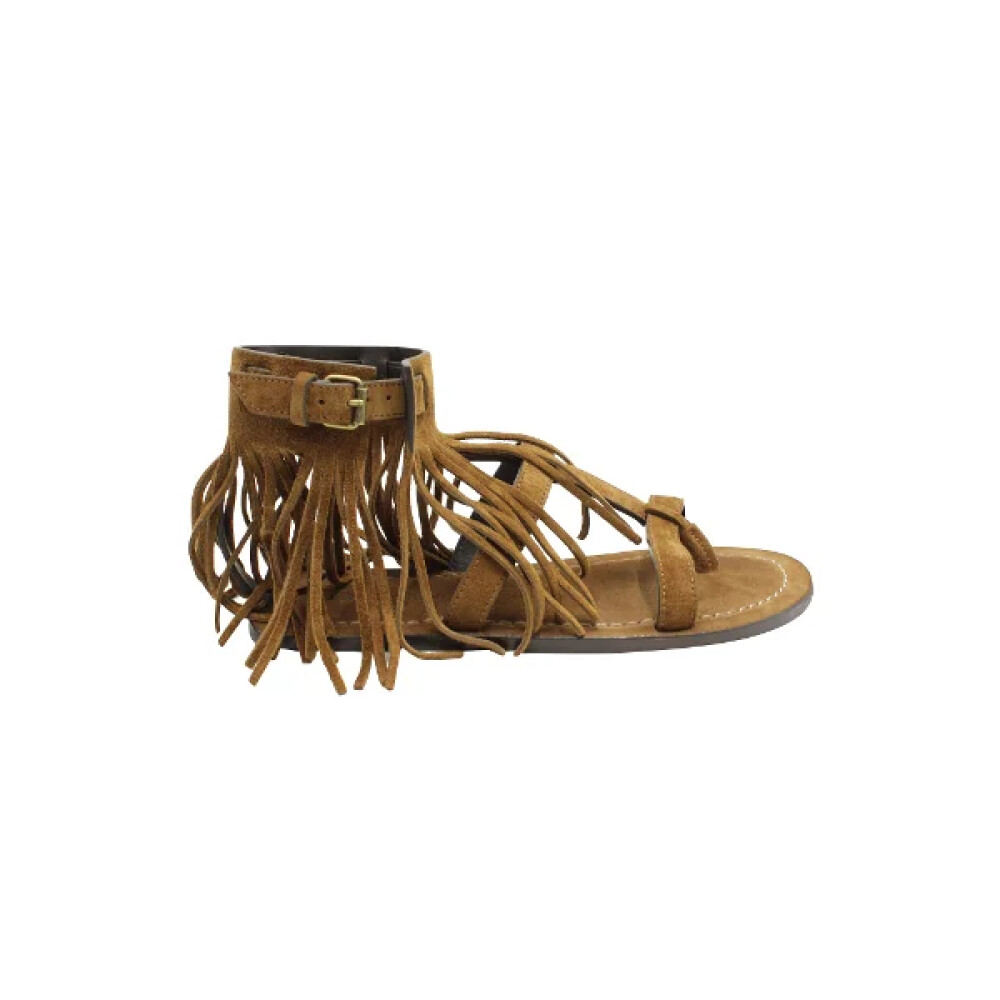 Sandalias Planas de Ante Marr n con Flecos Saint Laurent Hombre