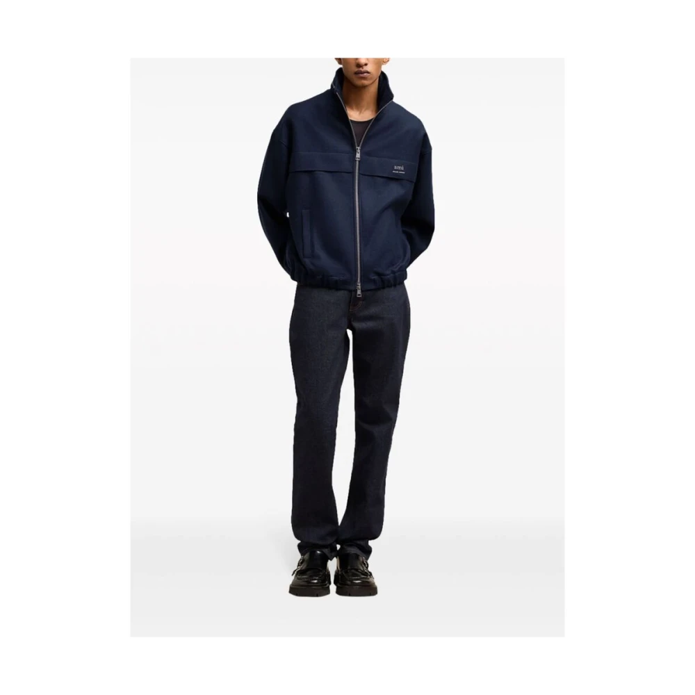 Ami Paris Navy Blauwe Wollen Jas met Logo Blue Heren