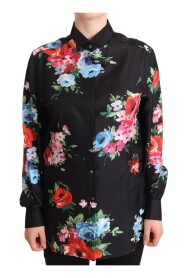 Black Floral Print Collared Polo Blouse Top