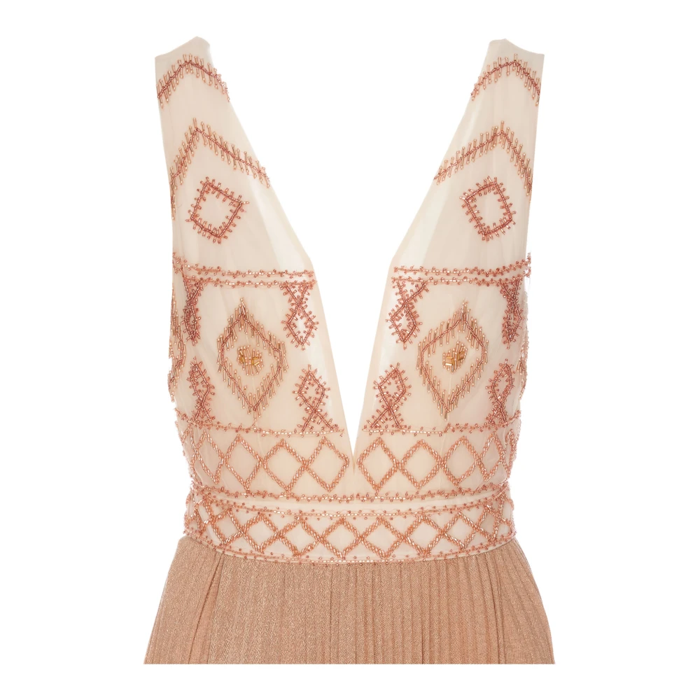 Elisabetta Franchi Beige Maxi Jurk met Tule en Kralen Detail Beige Dames