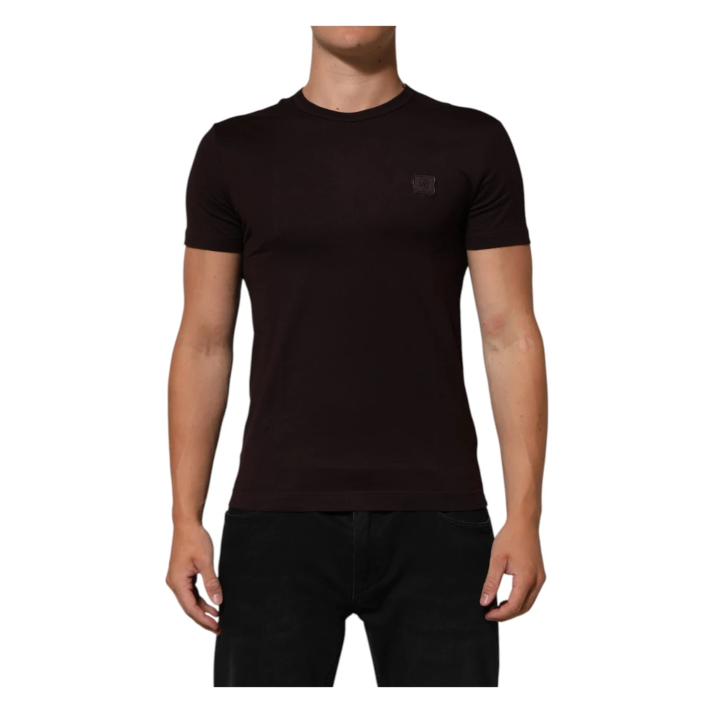Dolce & Gabbana Men's Brown Logo Plaque Cotton Crew Neck T-Shirt - T-Shirts - Xs - Tops