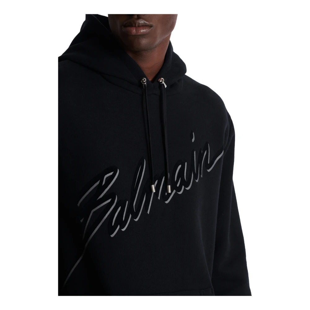 Balmain Flocked Letter Hoodie Black Heren
