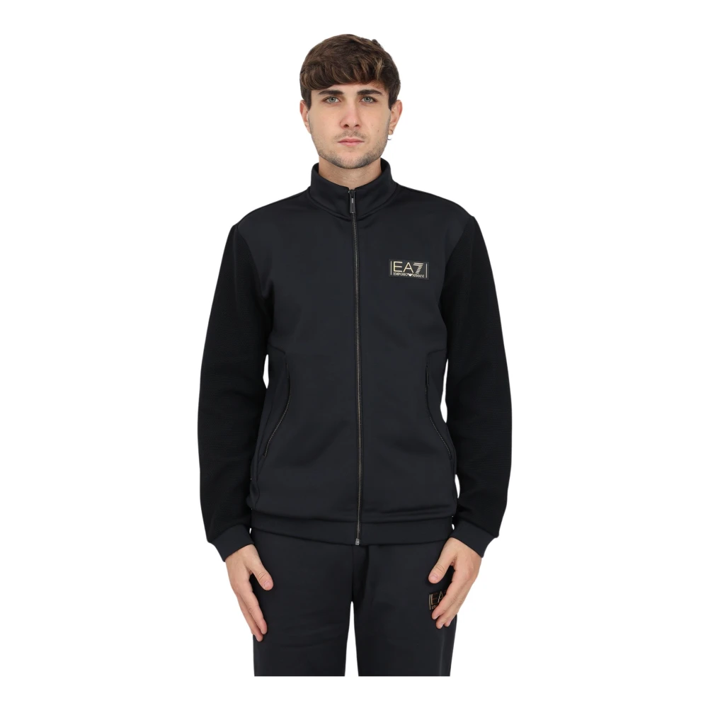 Emporio Armani EA7 Stretch Technische Sweatshirt met Ritssluiting en Contrasterende Logo Patch Black Heren