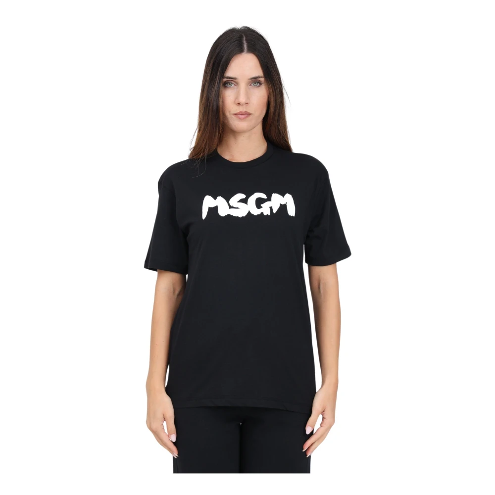 Msgm Zwarte T-shirt met korte mouwen en logo print Black Dames