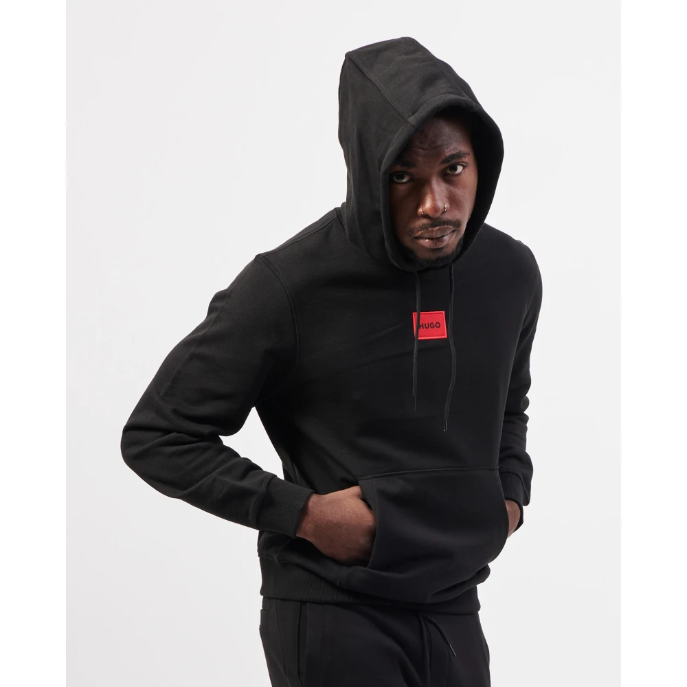 Hugo Boss Zwarte French Terry hoodie met rode logopatch Black Heren