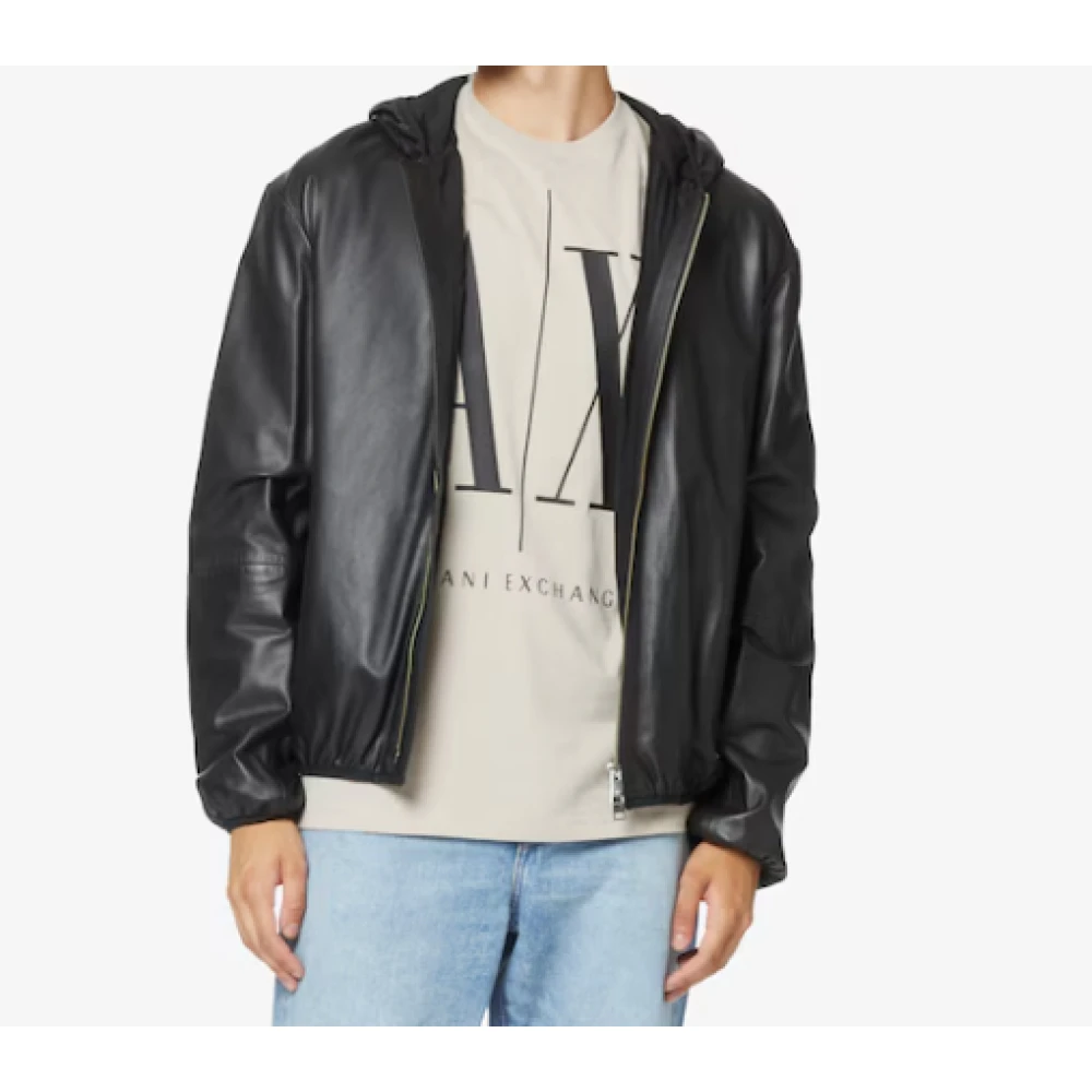 Armani Exchange Zwarte leren jas met capuchon en rits Black Heren