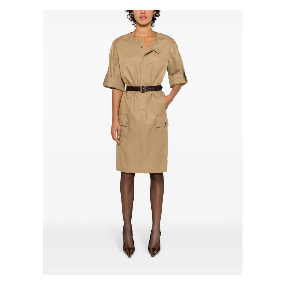 Saint Laurent Belted Cotton Twill Dress Beige Dames