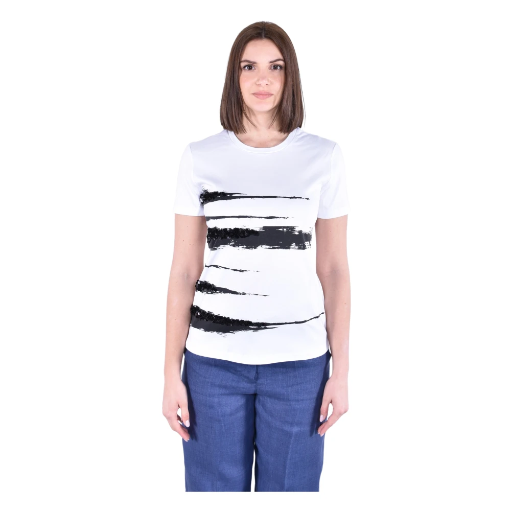 Max Mara Studio Women's White Knitted Crewneck T-Shirt With Collection Prints - T-Shirts - S - Tops