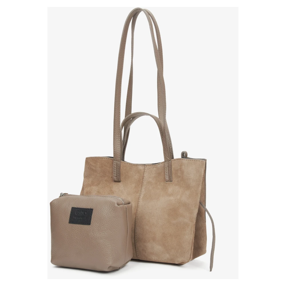 Estro Beige Handtas voor Vrouwen met Lange Handvatten in Premium Italiaans Velours Beige Dames