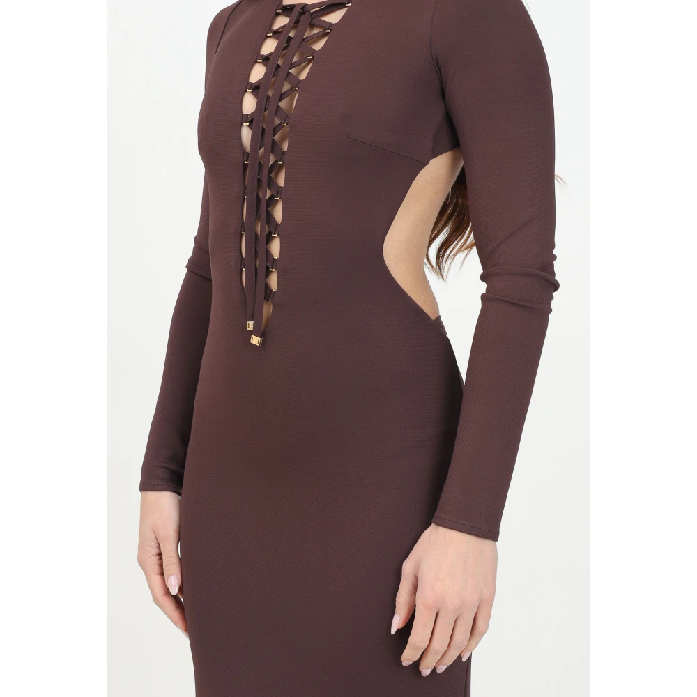 Elisabetta Franchi Bruine Lange Jurk met V-Hals Brown Dames