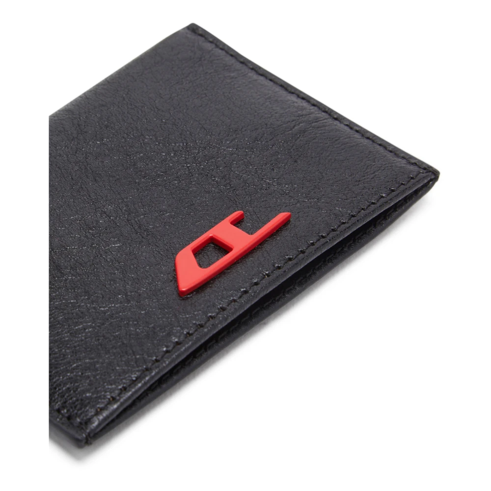 Diesel Leather bi-fold wallet with red D plaque Black Heren