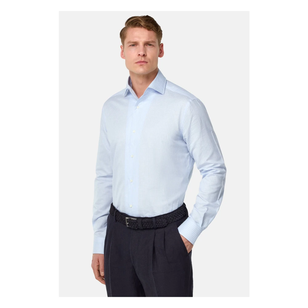 Boggi Milano Regular Fit Gestreept Katoen en Linnen Overhemd Blue Heren