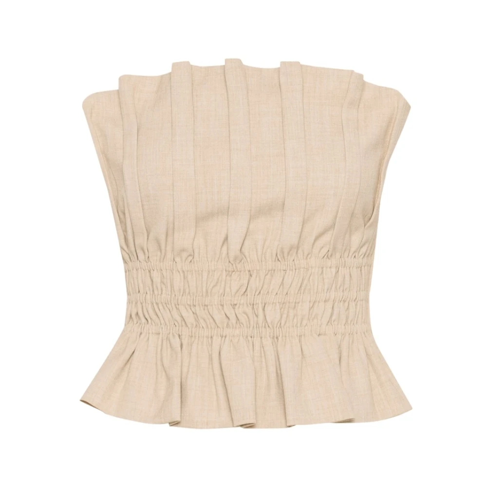 Gestuz Beige Sleeveless Tops, Female, L, Elegant Corset Blouse With Ruffle Details