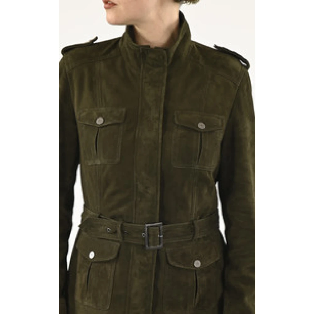 La Canadienne Fluweel khaki leren safari jas Green Dames