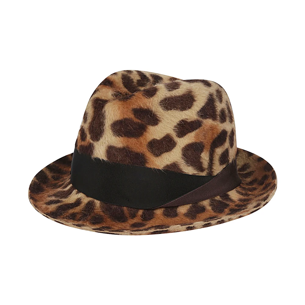 Borsalino Luipaard Bont Hoed met Logo Band Brown Dames