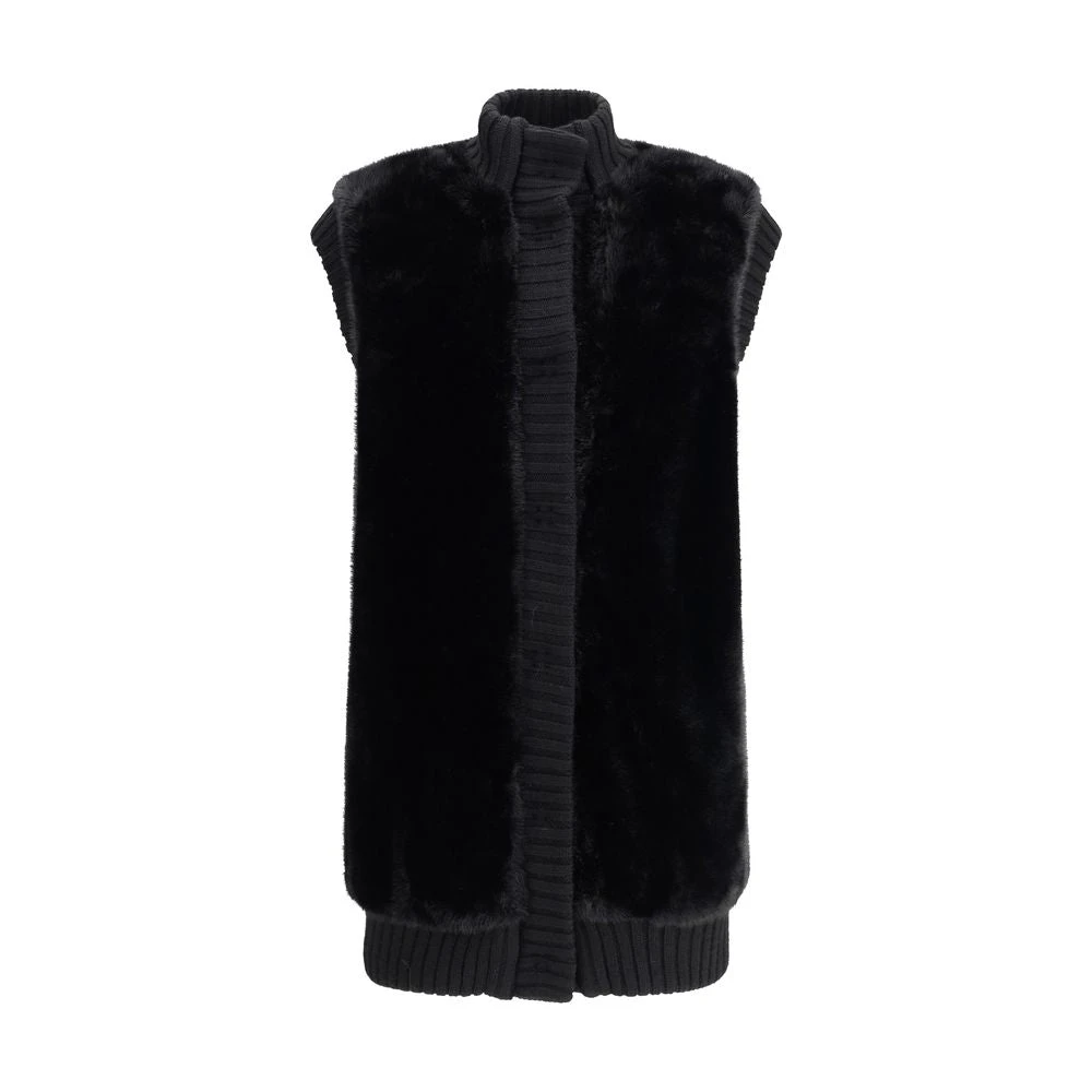 Pinko Women's Black Waistcoats, M, Faux Fur Long Vest Ribbed Knit