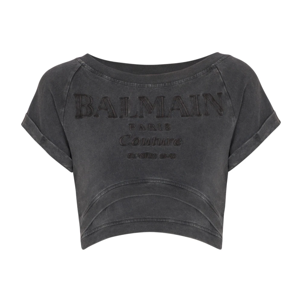 Balmain Cropped Couture Geborduurd T-shirt Gray Dames