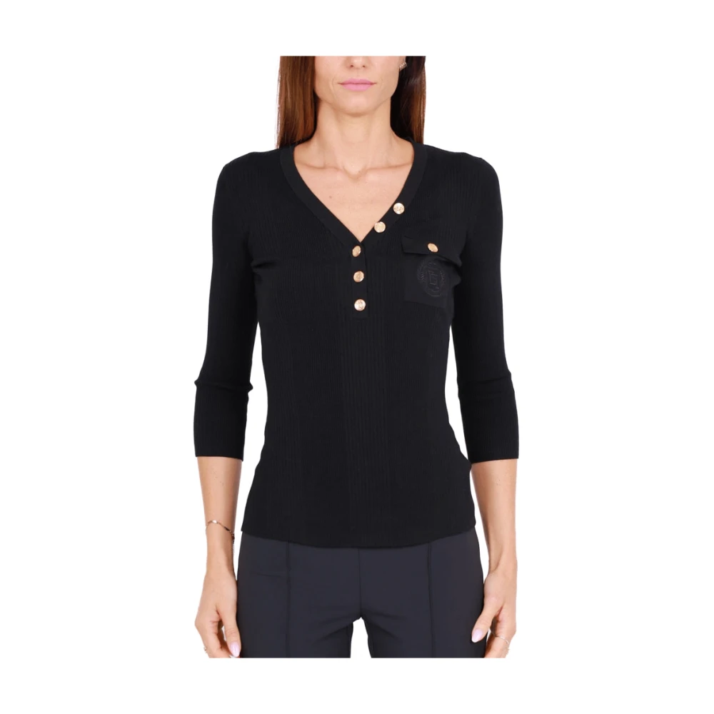 Elisabetta Franchi Zwarte Zijden V-Hals Ribtop Black Dames