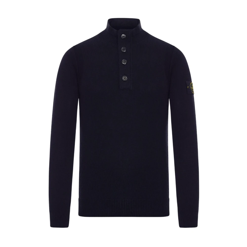 Stone Island , Turtlenecks, Male, Blue, Xl, Buttoned Wool Knitwear