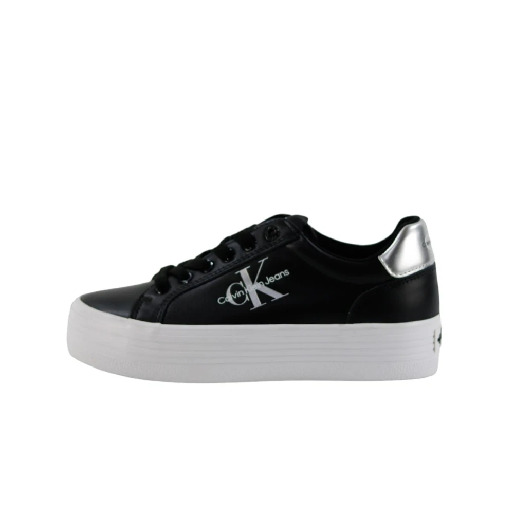 Calvin Klein Women's Black Sneakers, 5 Uk, Premium Leather Lace-Up Flatform Trainers