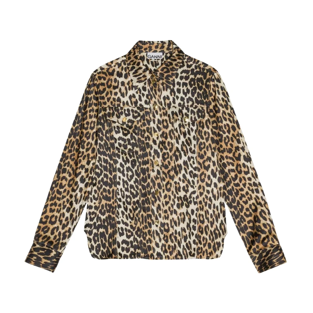 Ganni Women's Brown Shirts, Xs, Satin Leopard Print Shirt