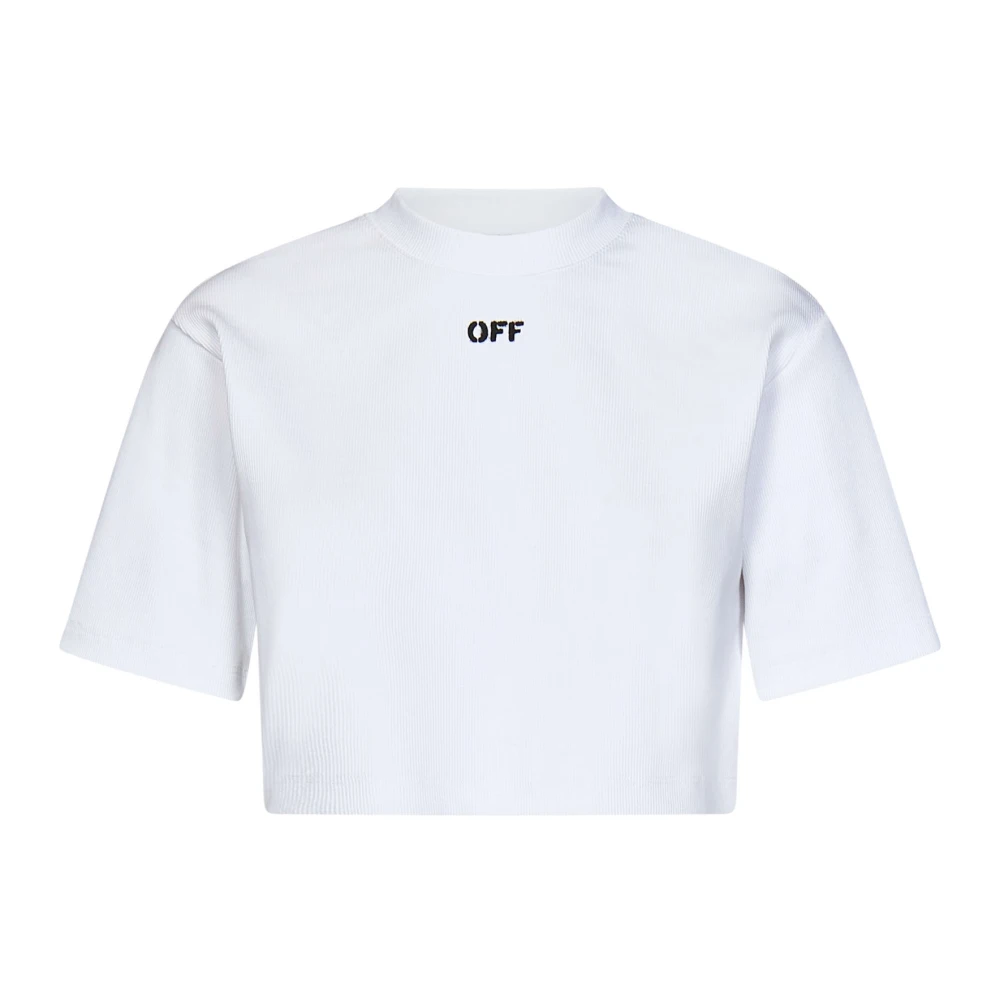 Off White Witte Geribbelde T-shirt met Zwart Off Logo White Dames