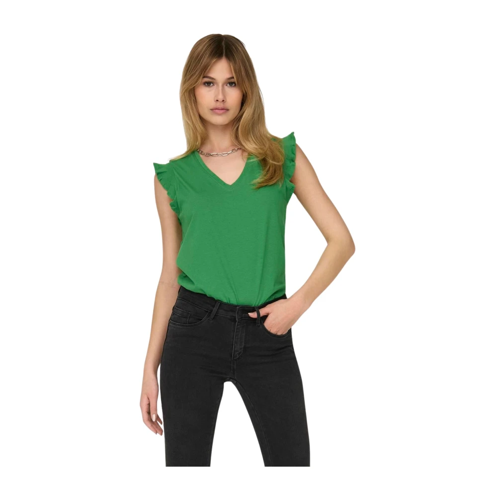 Only Frill V-Neck Korte Mouw T-Shirt Green Dames