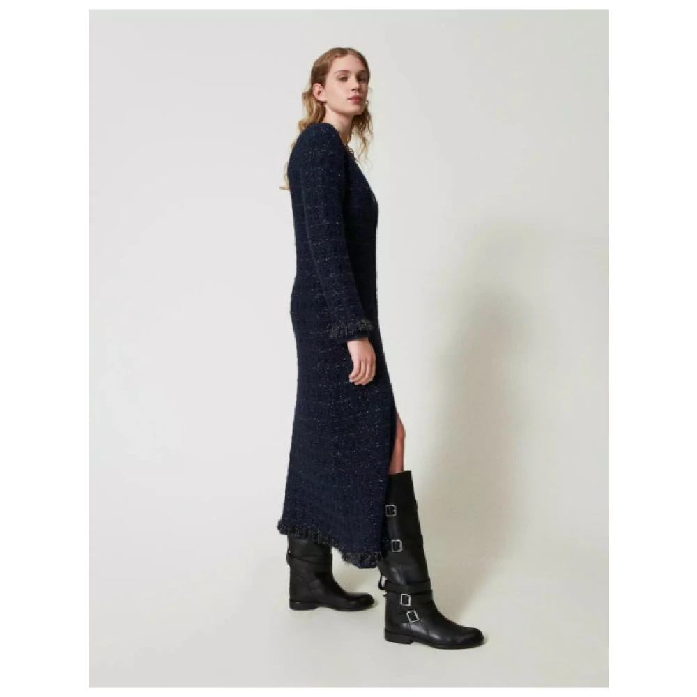 Twinset Lang Geruite Gebreide Vest Blue Dames
