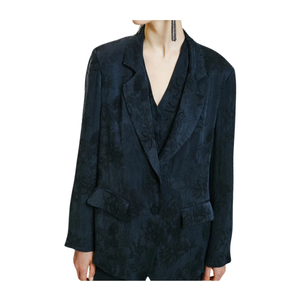 Momoni Bloemen Jacquard Lyoncel Viscose Jas Blue Dames