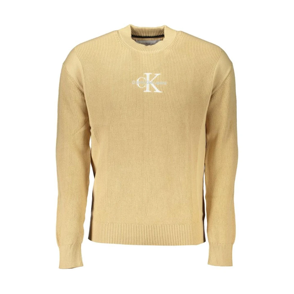 Calvin Klein Men's Beige Round-Neck Knitwear, 2XL, Crew Neck Jumper With Contrast Details