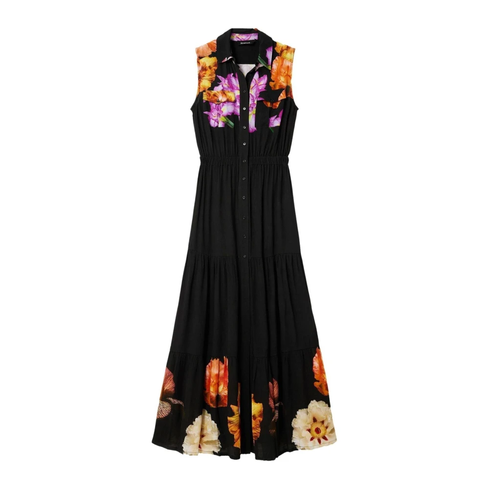 Desigual Bloemige mouwloze jurk met klassieke kraag Black Dames