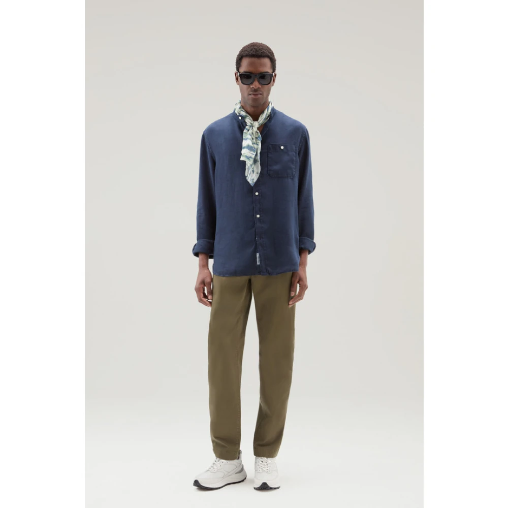 Woolrich Linnen Casual Overhemd Blue Heren