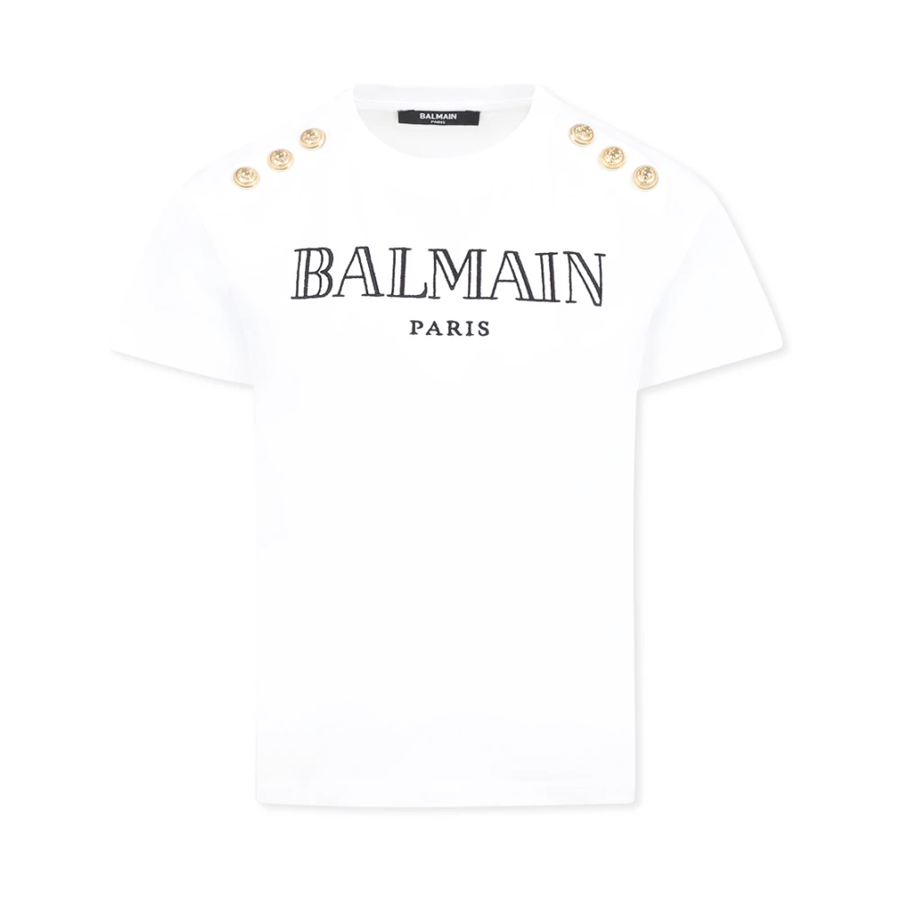 Balmain Vit kortärmad t-shirt med guldfärgade knappar White, Unisex