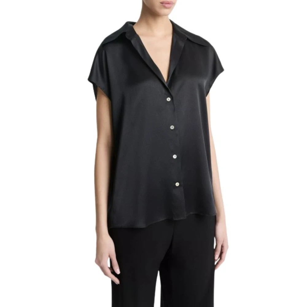 Vince Zijden Blouse met Kapmouwen en Gerimpelde Achterkant Black Dames