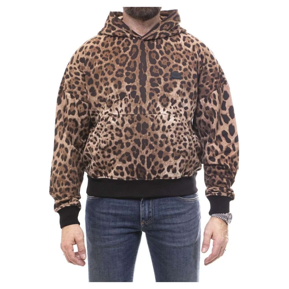 Dolce & Gabbana Men's Brown Leopard Print Hooded Cotton Sweatshirt