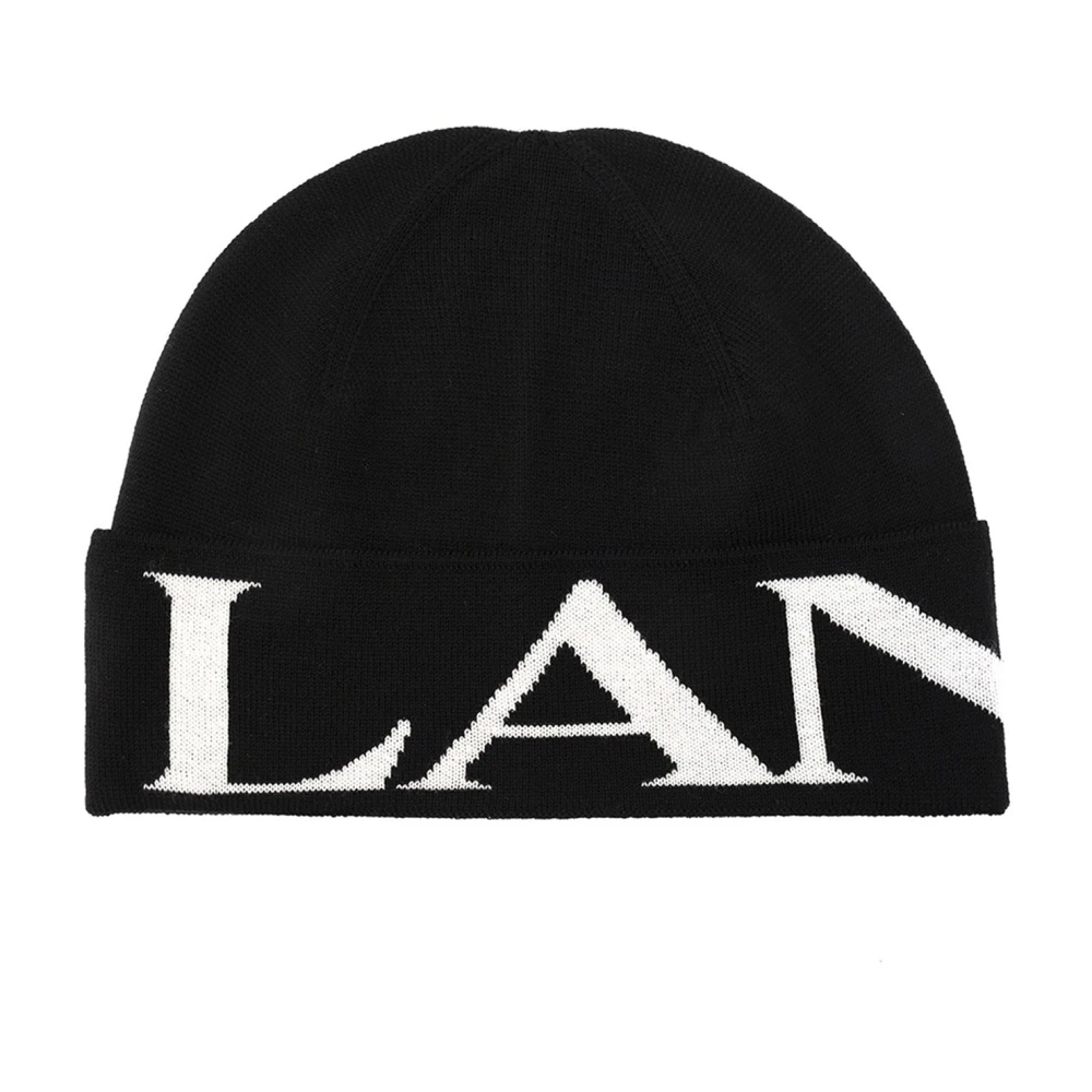Lanvin Zwarte geribbelde wollen hoed met logo print Black Dames